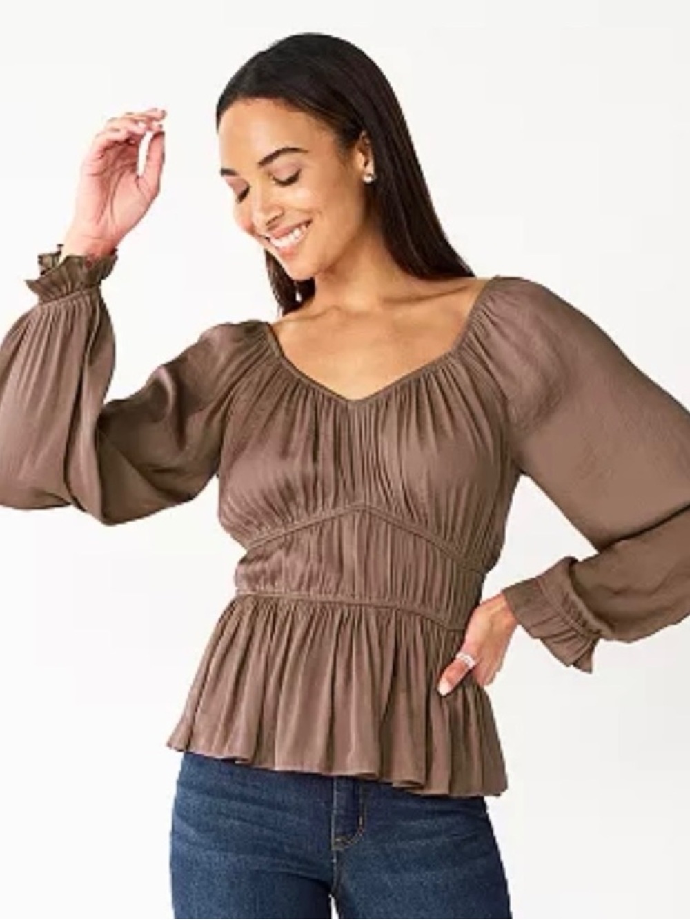 NWT Nine West XS Brown Peasant Blouse Long Sleeve Boho Empire Waist Babydoll Top